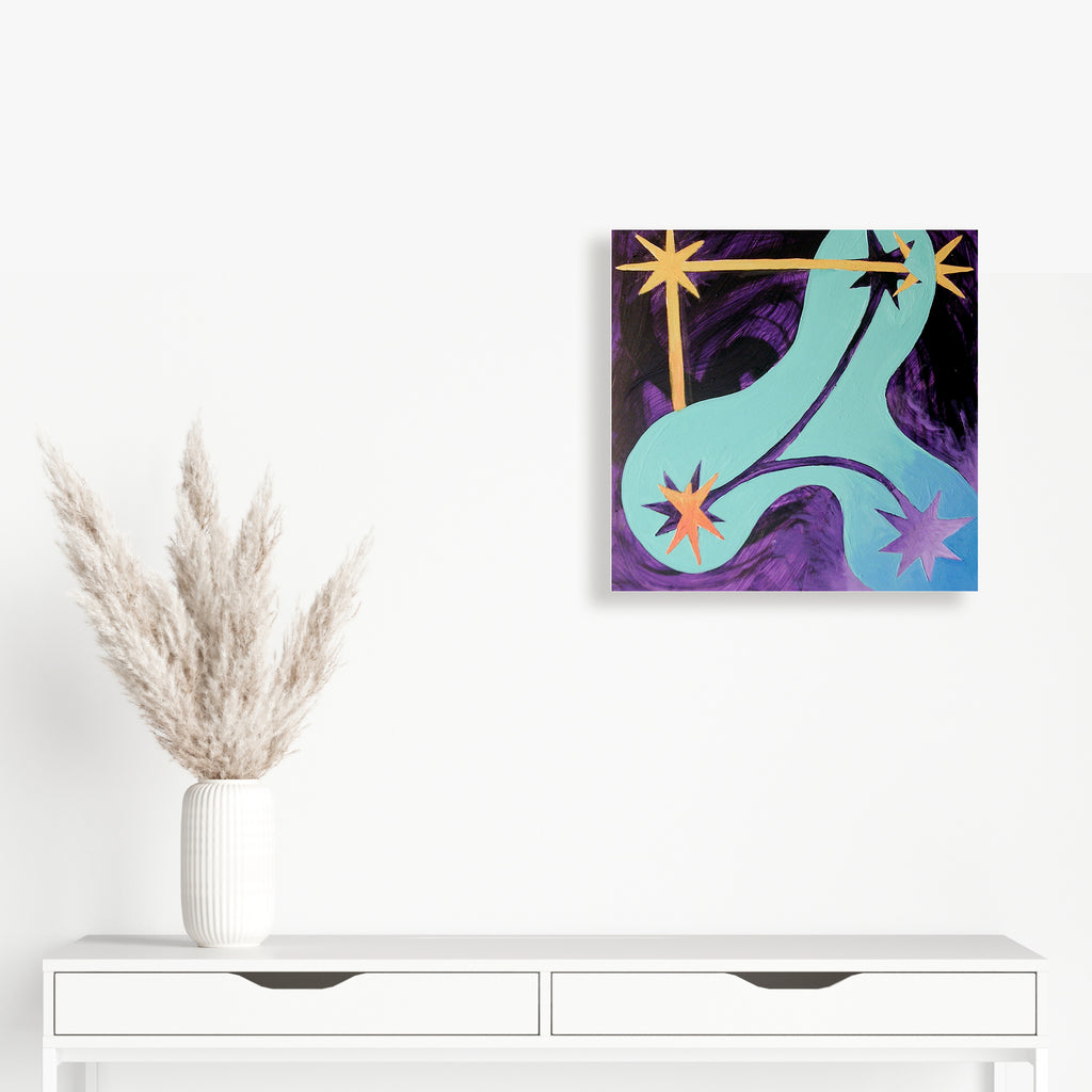 The artwork 'Constellation #1' features a dynamic composition with curved turquoise forms flowing against a deep purple background. Vibrant orange and pink star shapes punctuate the space, creating a cosmic, abstract design. The oil on board painting combines fluid movement with geometric stellar elements, measuring 12x12 inches by Fred Bendheim.