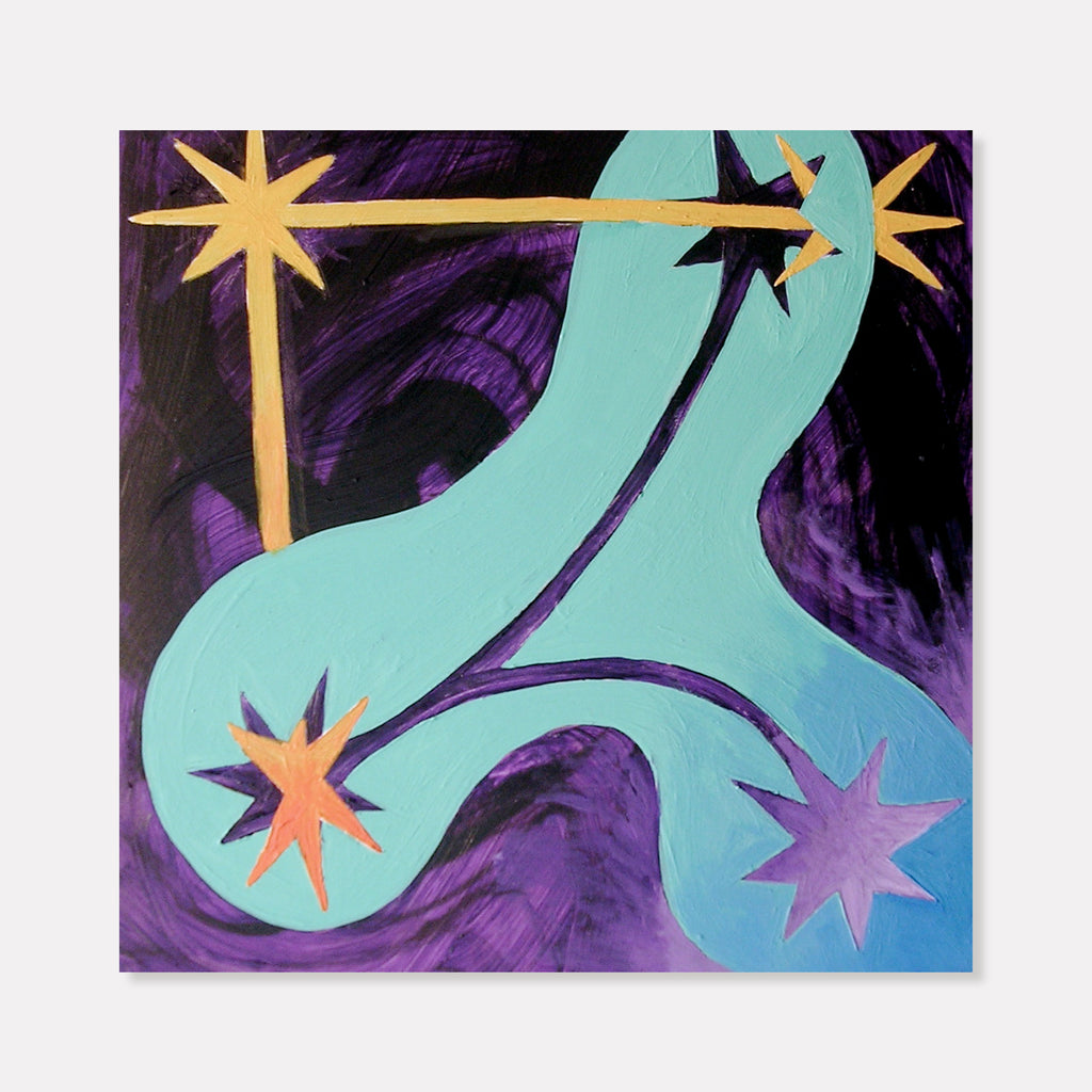 The artwork 'Constellation #1' features a flowing turquoise abstract form against a deep purple background, adorned with vibrant yellow and pink star shapes. The oil painting on board creates a dynamic celestial composition with curved lines and contrasting colors, capturing cosmic movement. By Fred Bendheim.