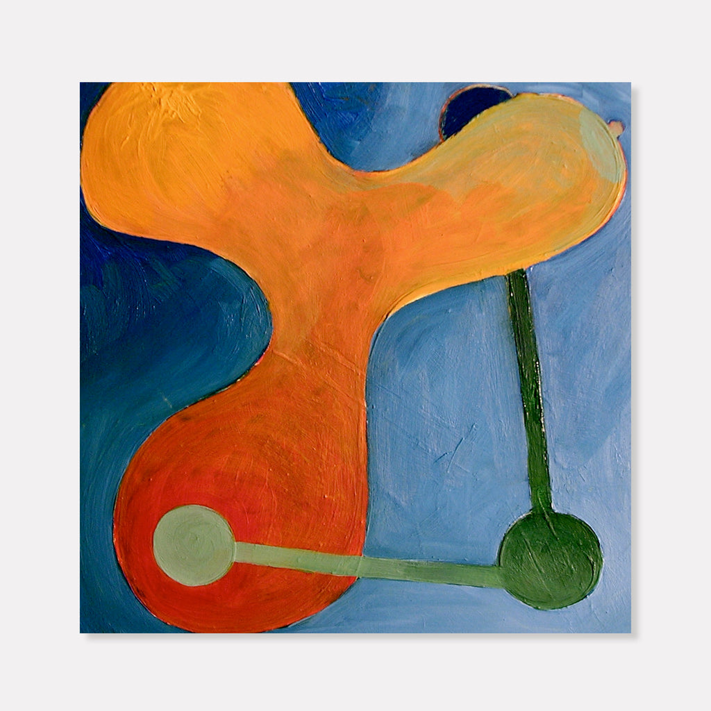 The artwork 'Constellation #2' features a bold organic shape in vibrant orange and red against a deep blue background. Abstract curved forms connect through green linear elements with circular endpoints, creating a dynamic celestial-inspired composition. Oil painting on board with rich textural brushwork by Fred Bendheim.