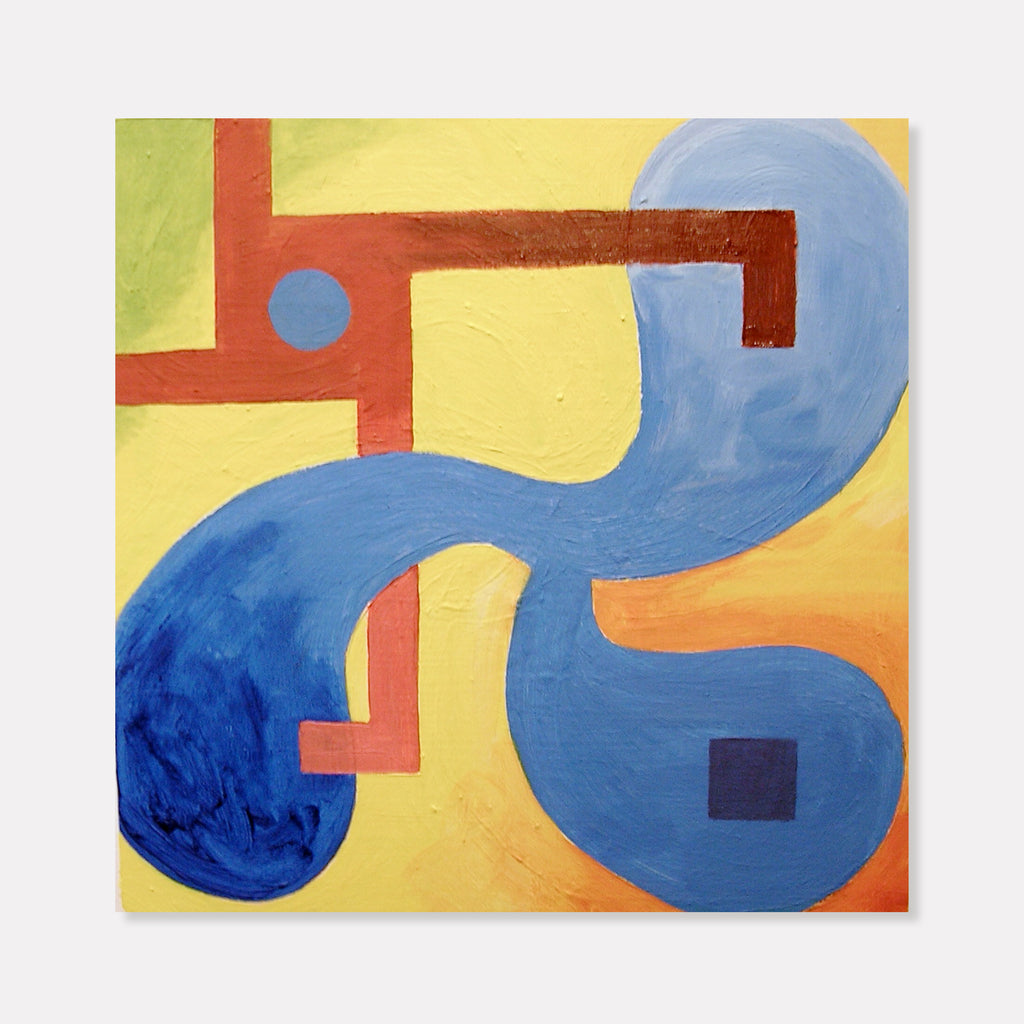 The artwork 'Constellation #3' features bold geometric abstract shapes in vibrant colors. A flowing blue curved form dominates the composition, contrasting against a warm yellow background. Terra cotta red angular elements intersect with the curves, creating dynamic movement. The oil painting exhibits textural brushwork and a modernist aesthetic by Fred Bendheim.