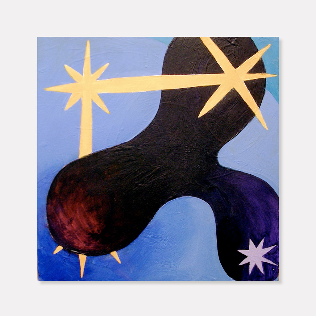 The artwork 'Constellation #4' by Fred Bendheim features a bold abstract composition with a curved black form against a vibrant blue background. Three star-like shapes in yellow and white punctuate the canvas, while the form transitions from deep burgundy to rich purple. Oil paint texture adds depth to this 18x18 inch board painting.