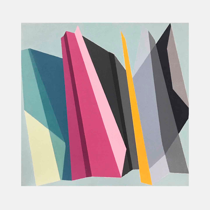 The artwork 'Continuous Reception' by Kati Vilim features bold geometric abstract shapes in vibrant pink, yellow, black, and teal against a soft mint background. Angular forms create a dynamic composition suggesting architectural elements, with overlapping translucent layers that cast subtle shadows and create depth on the 24x24 inch oil canvas.