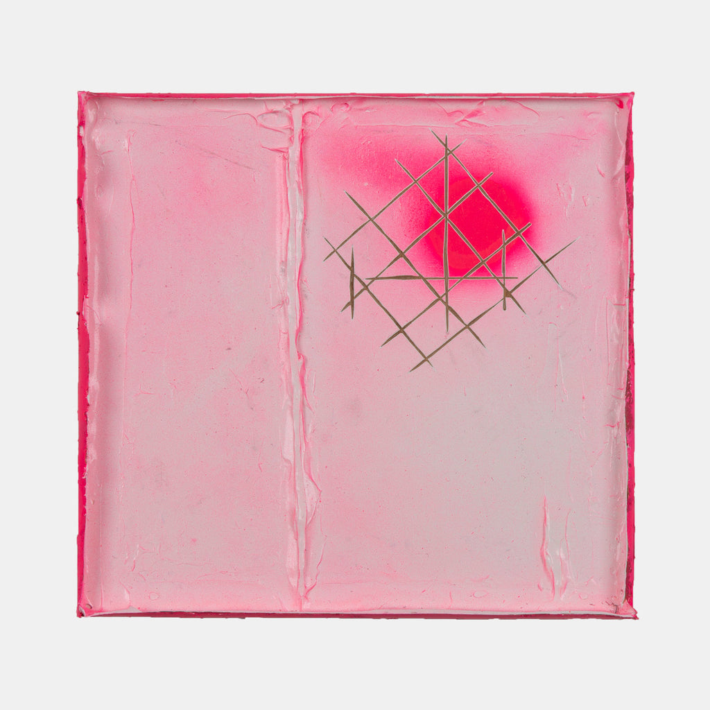 The artwork 'Control Point' by Troy Medinis features a minimalist composition on a textured gesso panel. A vibrant pink circular burst occupies the upper right quadrant, intersected by precise geometric crossed lines in dark gray. The background displays a soft pink gradient with a subtle vertical divide, creating depth through layered spray paint techniques.