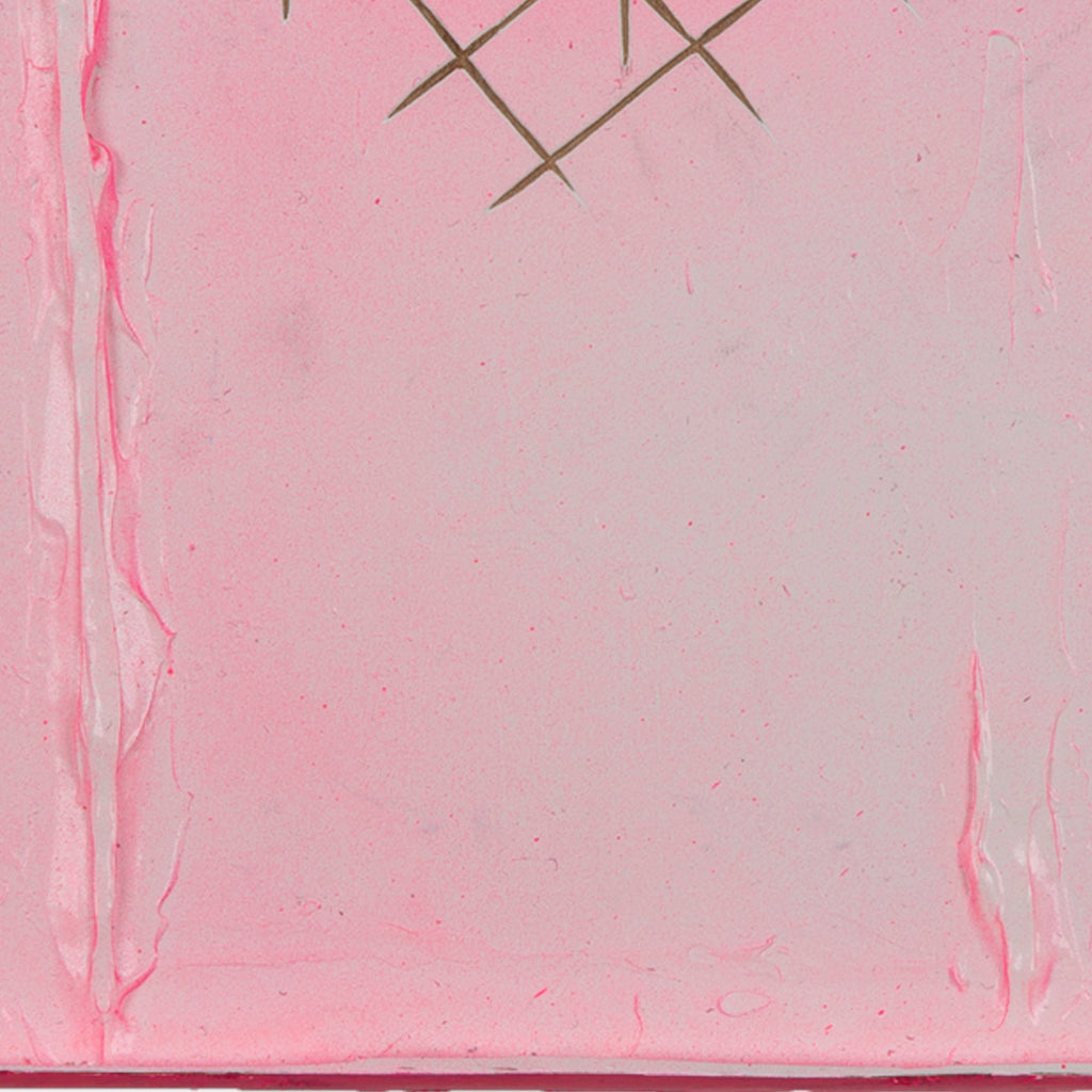 The artwork 'Control Point' by Troy Medinis features abstract geometric marks in gray against a soft pink textured background. The composition combines gesso and spray paint techniques on panel, creating a minimalist aesthetic with vertical drip patterns along the edges. The surface shows subtle texture variations and deliberate mark-making in a contemporary style.