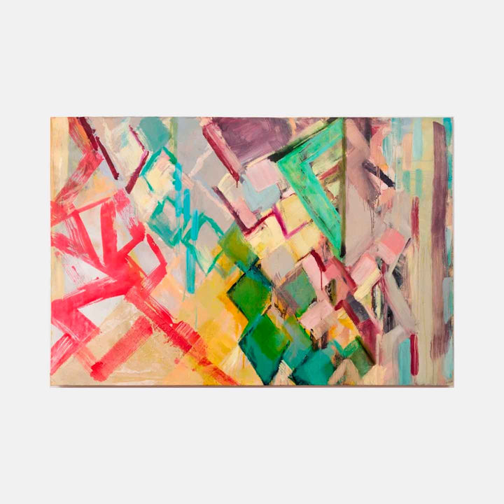 The artwork 'Convergence' by Molly Herman features dynamic abstract brushstrokes in vibrant coral pink, emerald green, and soft yellow hues. Bold geometric shapes and angular lines intersect across the canvas, creating a sense of movement and energy. The oil painting's textured surface showcases loose, expressive brushwork against a light neutral background.