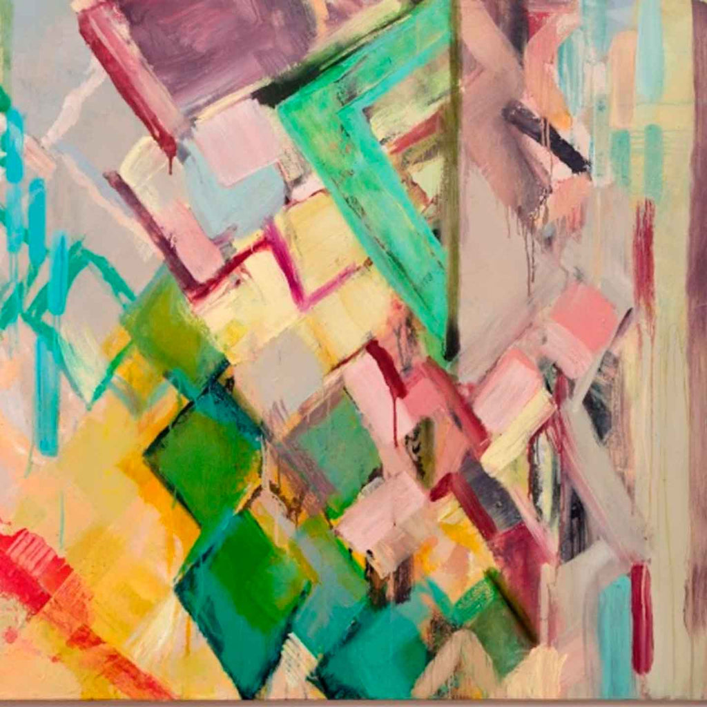 The artwork 'Convergence' by Molly Herman features dynamic abstract expressionist brushstrokes in vibrant turquoise, yellow, pink, and emerald green. Bold geometric shapes intersect and overlap in a diagonal composition, creating a sense of movement and energy. Textured oil paint application reveals layers of color with visible brushwork and gestural elements, measuring 48x72 inches. By Molly Herman.