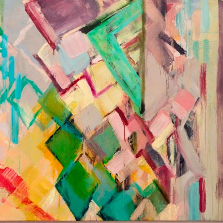 The artwork 'Convergence' by Molly Herman features dynamic abstract expressionist brushstrokes in vibrant turquoise, yellow, pink, and emerald green. Bold geometric shapes intersect and overlap in a diagonal composition, creating a sense of movement and energy. Textured oil paint application reveals layers of color with visible brushwork and gestural elements, measuring 48x72 inches. By Molly Herman.