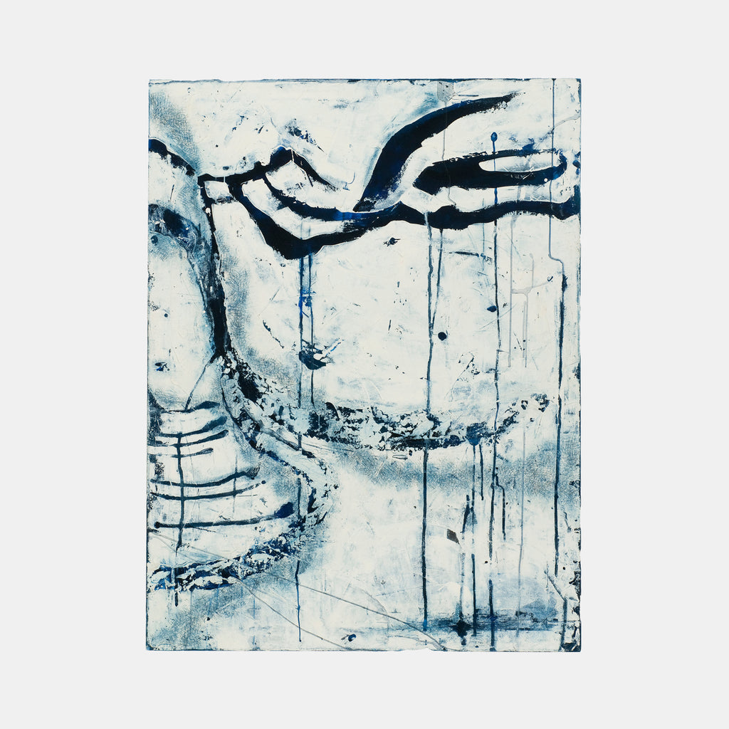 The artwork 'Conversation in Blue' by Shira Toren features abstract flowing lines in deep navy blue against a textured white background. Created with Venetian plaster and pigment, the piece showcases organic curved shapes and dripping effects, evoking a sense of fluid movement. Textural elements and gestural brushstrokes create depth and dimension across the 50x38 inch surface.