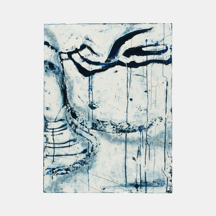 The artwork 'Conversation in Blue' by Shira Toren features abstract flowing lines in deep navy blue against a textured white background. Created with Venetian plaster and pigment, the piece showcases organic curved shapes and dripping effects, evoking a sense of fluid movement. Textural elements and gestural brushstrokes create depth and dimension across the 50x38 inch surface.