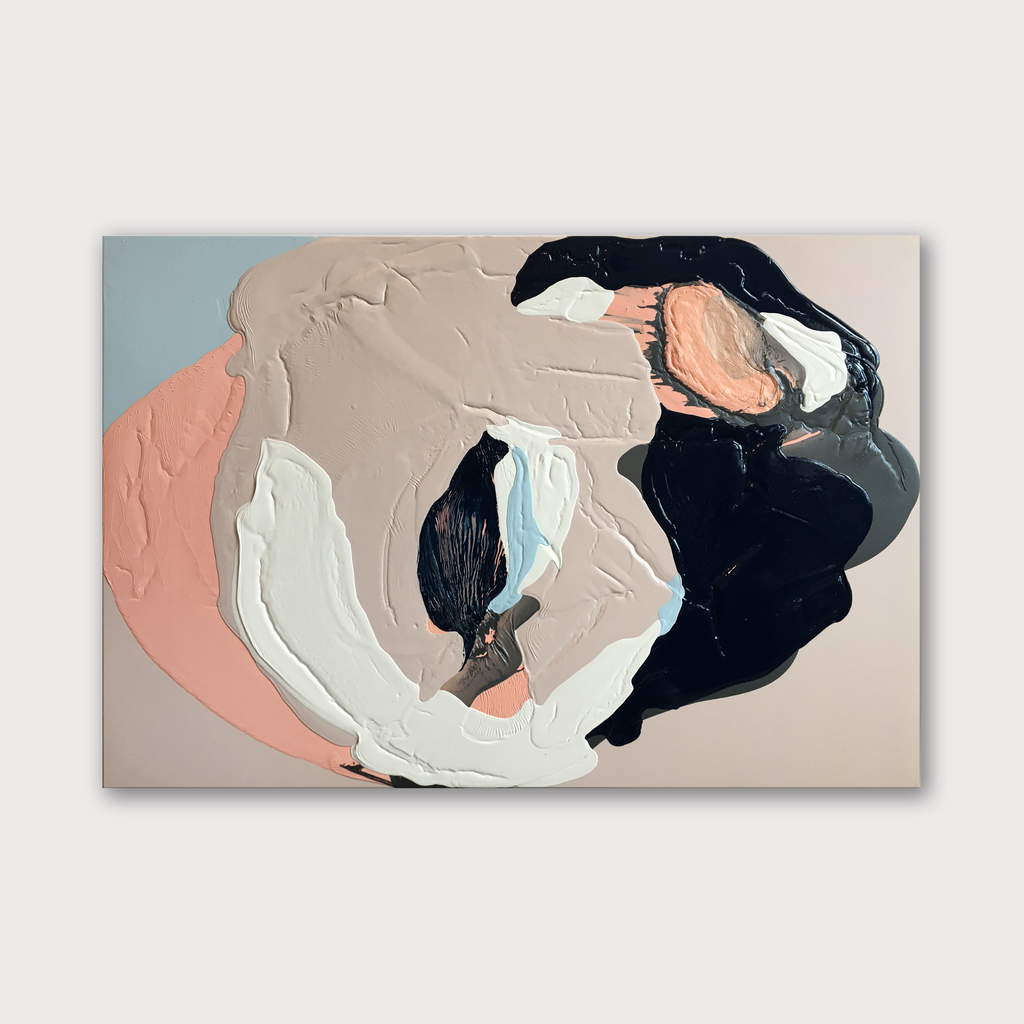 Corporeal Landscape II by Renee Phillips features abstract organic shapes in contrasting colors of salmon pink, beige, white, and deep black, creating a fluid composition with textured brushstrokes. The latex and spray paint on wood panel creates depth through layered elements and curved forms that flow across the surface.