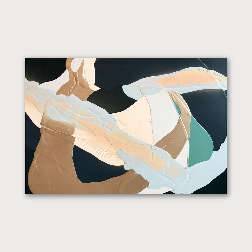 Corporeal Landscape IV by Renee Phillips features abstract organic shapes in soft peach, teal, and pale blue tones against a deep black background. The latex and spray paint create fluid, sweeping forms with subtle textural variations on wood panel, suggesting movement and ethereal landscapes.