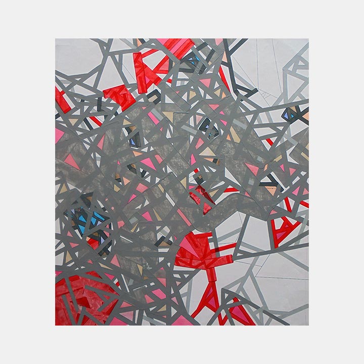 The artwork 'Corrddlan' by Philippe Halaburda features an abstract geometric composition with intersecting angular shapes in grey and vibrant red tones. Sharp triangular forms and linear elements create a dynamic pattern, with scattered blue accents adding depth. The acrylic on canvas artwork displays a contemporary urban-inspired aesthetic, measuring 24x20 inches.