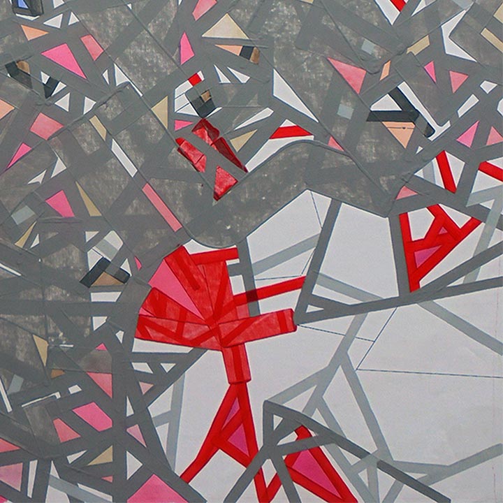 The artwork 'Corrddlan' by Philippe Halaburda features abstract geometric shapes in a dynamic composition. Angular fragments in red, pink, and white stand out against a muted gray background. Sharp triangles and irregular polygons create a sense of movement, with a prominent red geometric form dominating the center. The acrylic painting combines bold lines and fragmented spaces in a contemporary abstract style. By Philippe Halaburda.