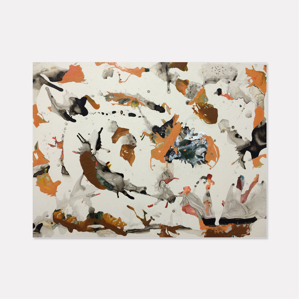The artwork 'Cosmic Sea in Caramel' by Linda Lee Nicholas features an abstract composition with splattered and flowing forms in caramel, black, and gray tones against a cream background. Dynamic brushstrokes and organic shapes create a sense of movement across the clayboard surface, reminiscent of celestial patterns and fluid motion, executed in acrylic paint with varying textures and depths.