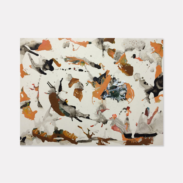 The artwork 'Cosmic Sea in Caramel' by Linda Lee Nicholas features an abstract composition with splattered and flowing forms in caramel, black, and gray tones against a cream background. Dynamic brushstrokes and organic shapes create a sense of movement across the clayboard surface, reminiscent of celestial patterns and fluid motion, executed in acrylic paint with varying textures and depths.