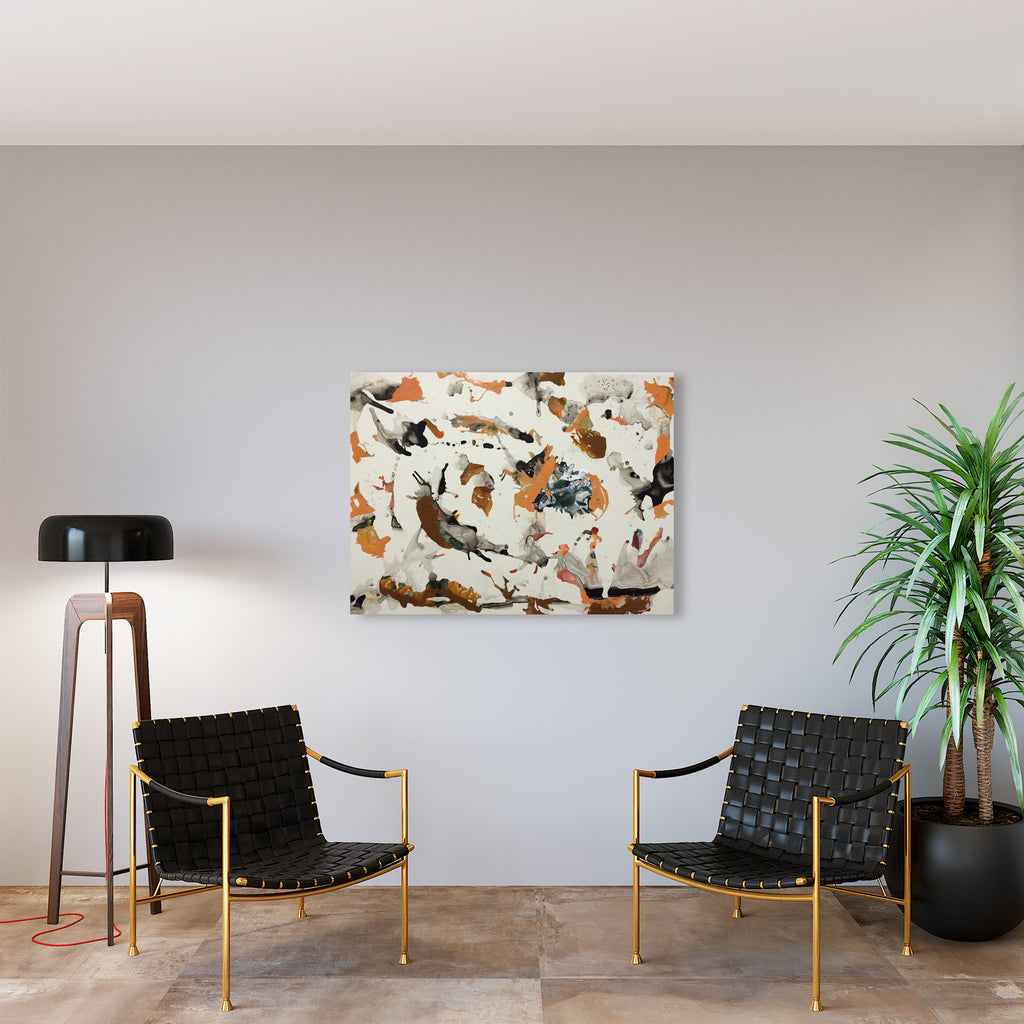 The artwork 'Cosmic Sea in Caramel' by Linda Lee Nicholas features dynamic abstract swirls and splashes in warm caramel, black, and white tones on clayboard. The 36x48 inch acrylic painting creates a fluid, energetic composition with bold brushstrokes and organic shapes suggesting cosmic movement and oceanic fluidity - by Linda Lee Nicholas