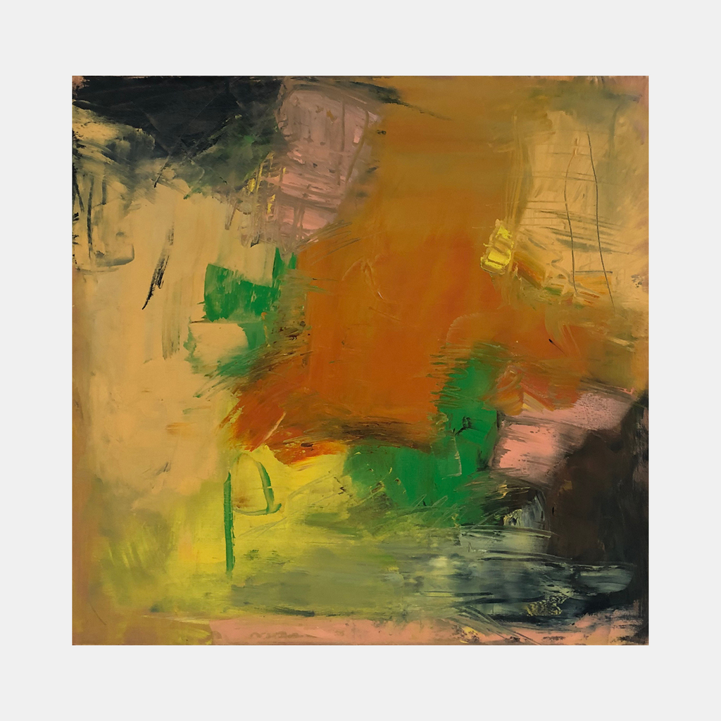 The artwork 'Cosmic Blurb' by Petra Nimtz features bold abstract expressionism with dynamic brushstrokes in vibrant earth tones. Sunset oranges blend with emerald greens and dusky blacks, creating a swirling cosmic landscape. Rich textural elements in oil paint on linen showcase energetic movement and ethereal depth through layered transparent and opaque passages.