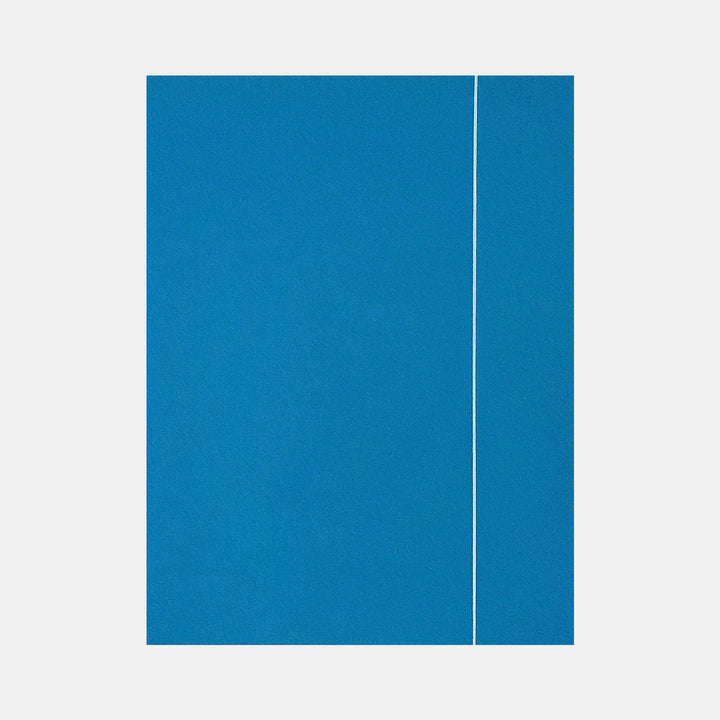 The artwork 'Course' by Shyun Song features a minimalist composition with a vibrant azure blue background intersected by a single vertical white line positioned slightly off-center. The oil on canvas painting creates a striking contrast between the bold monochromatic field and the precise geometric element, embodying contemporary abstract aesthetics. By Shyun Song.