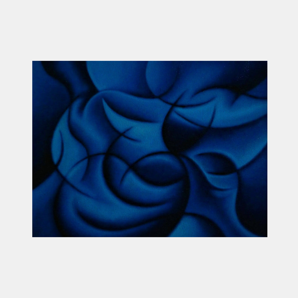 The artwork 'Coverall' features fluid abstract shapes in deep cobalt and navy blues, creating a dynamic swirling pattern. The oil painting showcases smooth, curved lines intersecting across the canvas, producing a sense of depth and movement through subtle tonal variations. The composition evokes a liquid-like texture against a dark background. By Joe Piscopia.