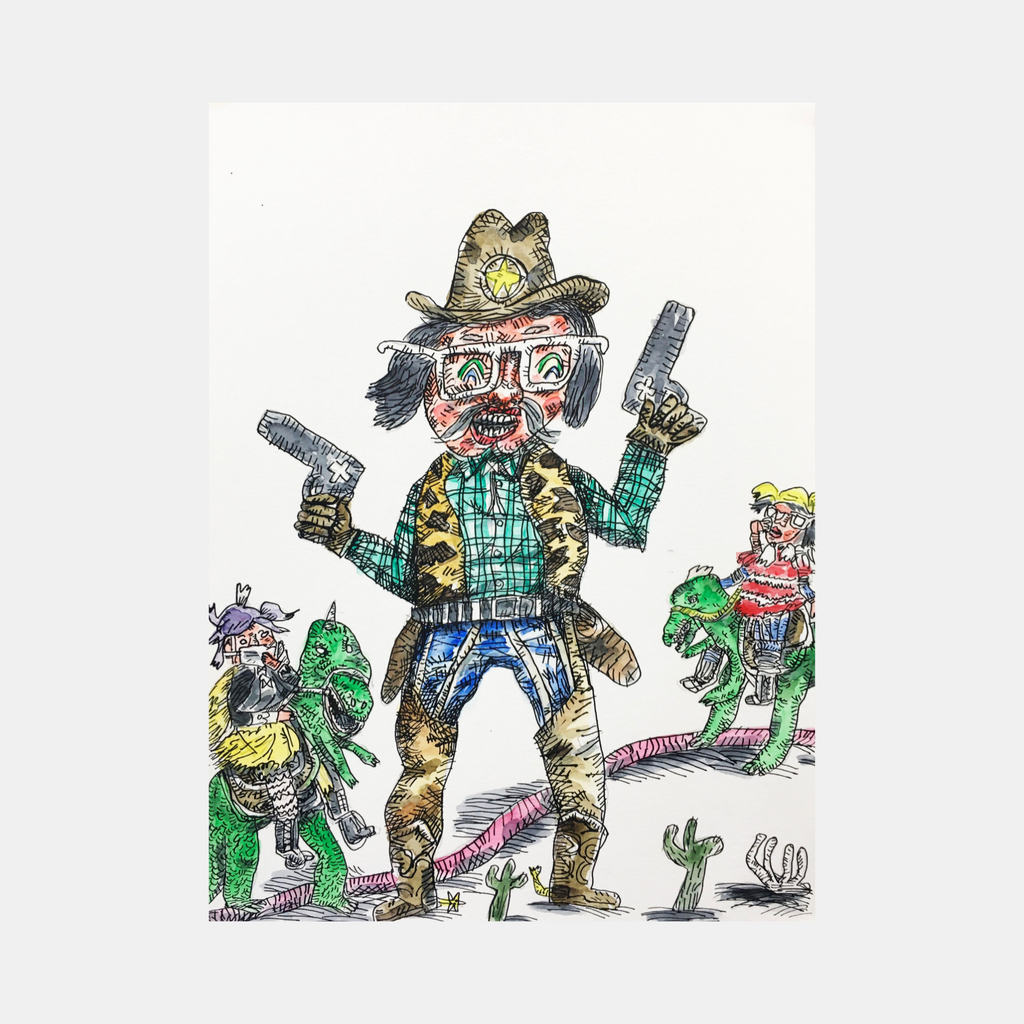 The artwork 'Cowboys and Dinosaurs 1' by Andrew Chan features a whimsical watercolor and ink illustration of a central figure in cowboy attire wielding dual pistols, accompanied by two riders mounted on green dinosaurs in a desert landscape with cacti. The piece combines vibrant colors including turquoise, brown, and green in a playful cartoon style.