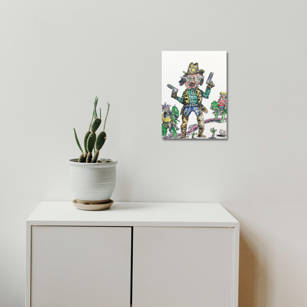 The artwork 'Cowboys and Dinosaurs 1' by Andrew Chan features whimsical watercolor and ink illustrations of figures in western attire wielding dual pistols, rendered in vibrant greens and earth tones. The playful, cartoon-style composition showcases detailed linework and delicate color washes on white background, creating a dynamic composition that blends Wild West themes with fantastic elements.