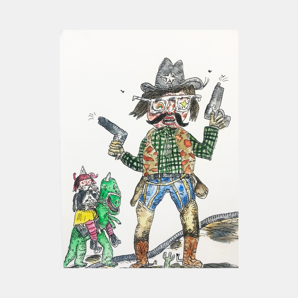 The artwork 'Cowboys and Dinosaurs 2' by Andrew Chan features a whimsical watercolor and ink illustration of a cowboy character wielding dual pistols, wearing a classic western hat, checkered green shirt, and brown boots. A smaller figure rides a bright green dinosaur in the background, creating a playful fusion of Wild West and prehistoric themes.
