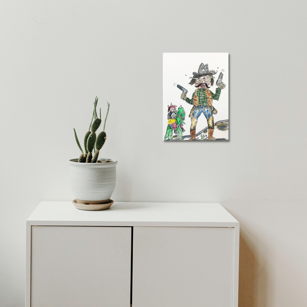 The artwork 'Cowboys and Dinosaurs 2' by Andrew Chan features a whimsical watercolor and ink illustration of a cowboy character wielding dual pistols, accompanied by colorful companion characters in a playful scene. The piece showcases detailed line work, vibrant colors, and a lighthearted artistic style that blends Western and fantasy elements.