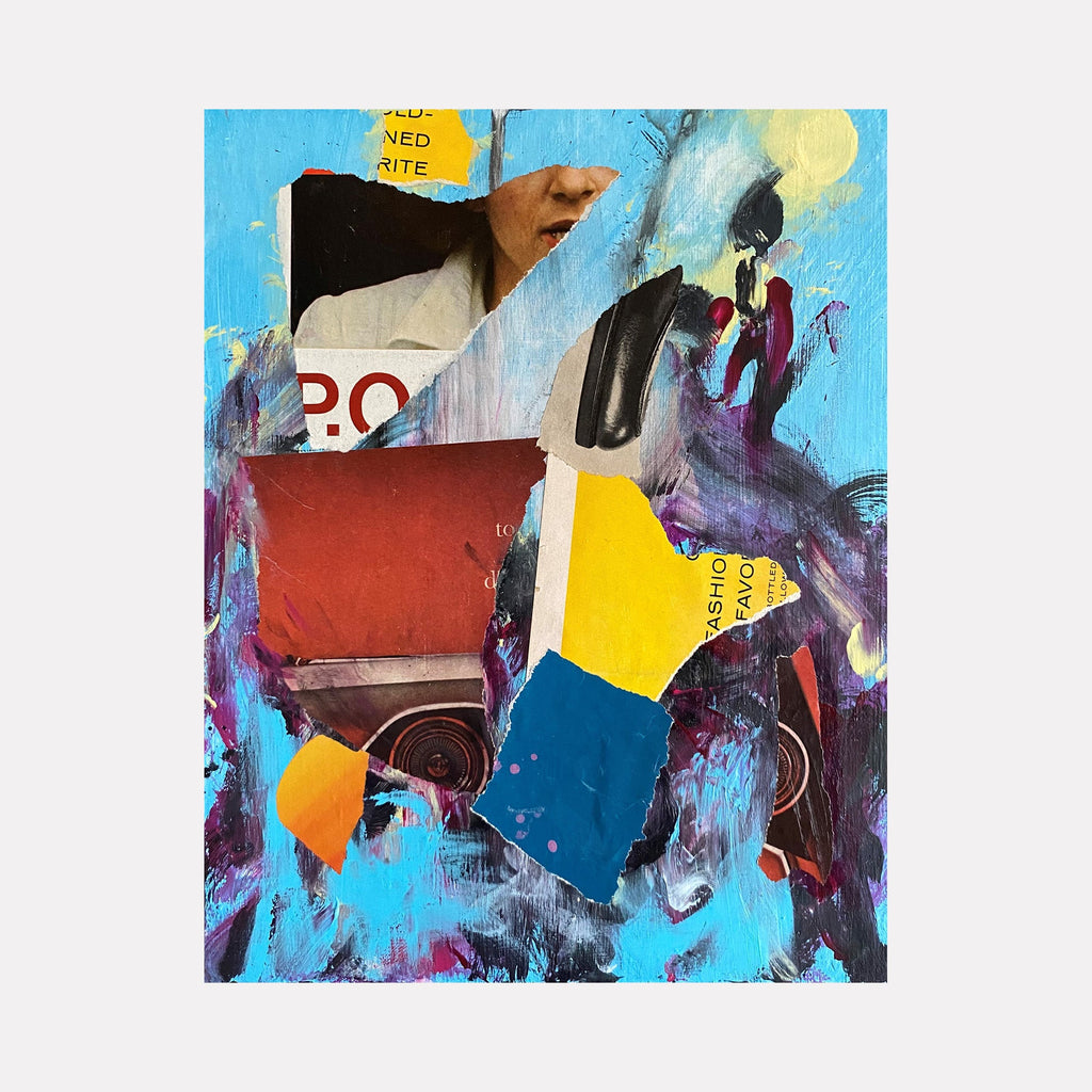 The artwork 'Crash' by Kevin McGoff features a dynamic collage composition with torn paper elements in vibrant red, yellow, and blue against a bright turquoise background. Abstract shapes and text fragments create a layered, urban-inspired aesthetic, with bold brushstrokes and mixed media elements on a cradled wood panel. The piece exhibits a contemporary deconstructed style with contrasting geometric forms.