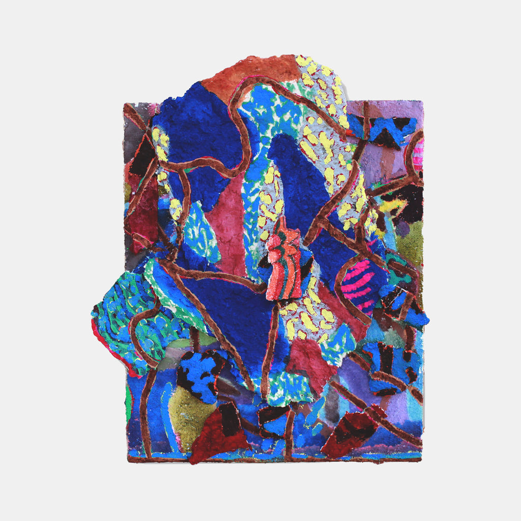 The artwork 'Crossing Paths' by Winnie Sidharta features abstract textural patterns in vibrant cobalt blue, crimson red, and turquoise. Dynamic curved lines in rustic brown intersect across the composition, creating a mosaic-like effect on burlap. The mixed media piece combines watercolor fluidity with acrylic boldness, enhanced by handmade paper elements and textural ground.