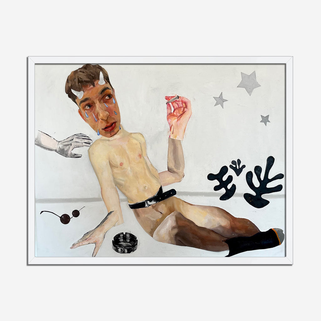 The artwork 'Crybaby' by Cole Richard Puetz features a contemporary figurative composition against a minimalist white background, decorated with silver stars and black organic shapes. Created using oil paint on paper collaged onto canvas, the piece showcases expressive brushwork and a muted color palette of flesh tones, black, and white. 36x48 inches.