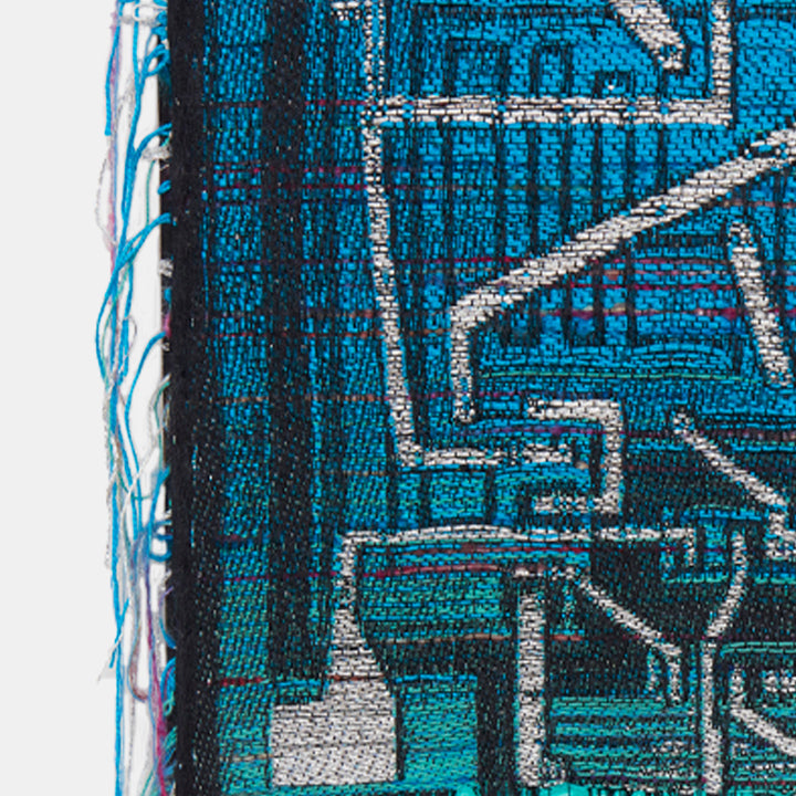 The artwork 'Crystal Currents' by Robin Kang features intricate geometric patterns woven in vibrant turquoise and silver threads. Abstract angular lines create a circuit board-like design, with metallic and holographic yarns adding dimensional shimmer. Hand-jacquard weaving combines with mohair and silk textures for a contemporary digital-meets-textile aesthetic.