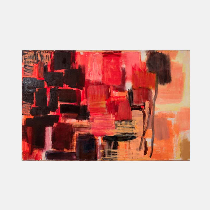 The artwork 'Cumbia' by Molly Herman features bold abstract expressionist composition in vibrant reds, blacks, and coral tones. Dynamic brushstrokes create geometric blocks and fluid forms, suggesting urban architecture or rhythmic movement. The oil painting's energetic style combines sharp angular shapes with softer blended areas, creating depth and emotional intensity across the 52x80 inch canvas.