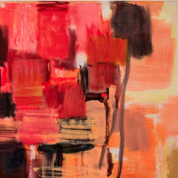 The artwork 'Cumbia' by Molly Herman features bold abstract expressionist brushstrokes in vibrant coral reds and deep blacks. Dynamic vertical and horizontal movements create a passionate interplay of warm tones, with translucent layers revealing peach and golden undertones. The oil painting showcases gestural marks and fluid transitions between colors, conveying rhythmic energy characteristic of its dance-inspired title.