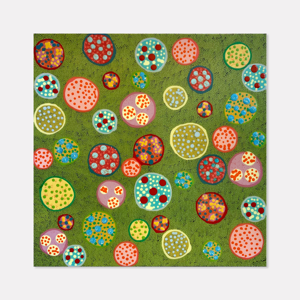 The artwork 'Cupcake' by Lori Kirkbride features vibrant circular patterns scattered across a rich green background. Each circle contains colorful polka dot designs in coral, turquoise, yellow, and red, creating a playful and whimsical composition. The acrylic and resin artwork on panel showcases varying sizes of dotted circles, resembling abstract flowers or confetti in a modern, folk-art style.