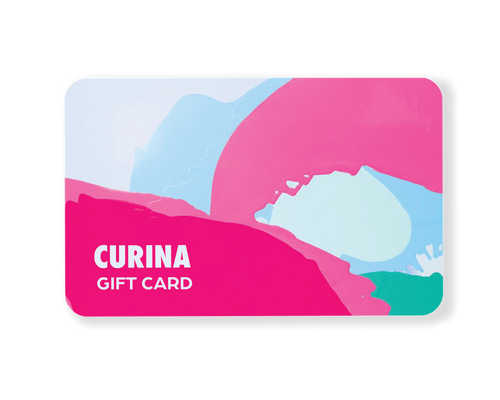 Curina Gift Card featuring an abstract design with flowing organic shapes in vibrant pink, soft blue, and mint green colors creating a modern, artistic landscape pattern. The card displays a contemporary minimalist aesthetic with the Curina logo prominently displayed in white text. By Curina.