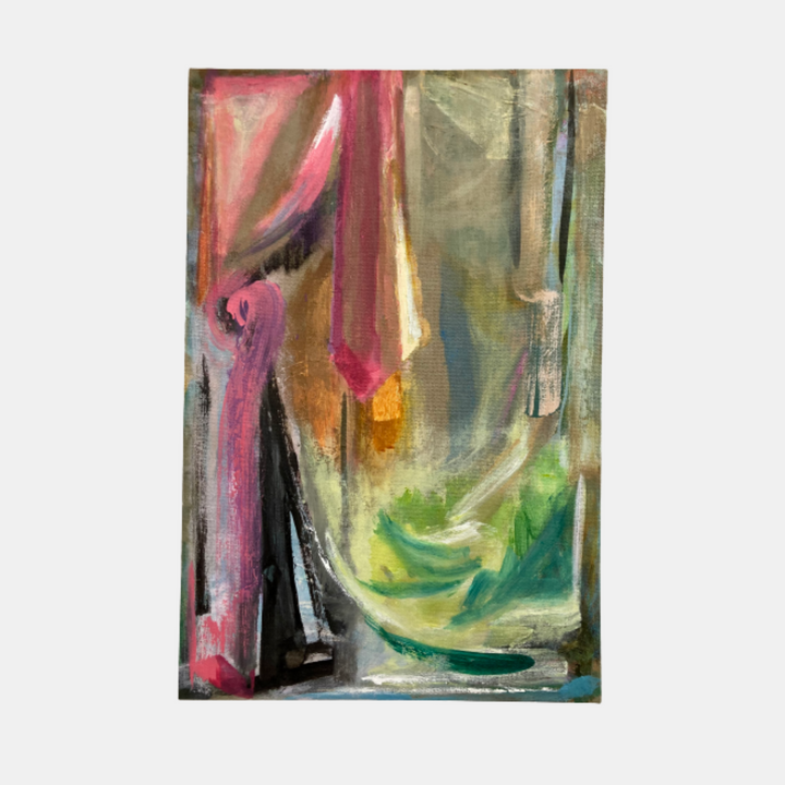 The artwork 'Curtain' features flowing abstract brushstrokes in vibrant pink, green, and yellow hues against a muted sage background. Dynamic vertical strokes suggest fabric movement, while sweeping curves create depth and dimension. Oil on linen technique adds rich texture and luminosity to the abstract expressionist composition by Molly Herman.