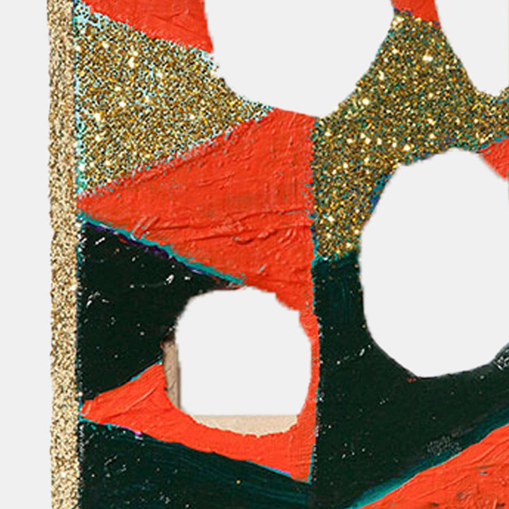 The artwork 'Cut-out-back' by Gyan Shrosbree features bold geometric shapes with vibrant coral red sections contrasting against deep forest green areas. Golden glitter adds sparkle and texture throughout the composition, creating a dynamic interplay of materials. White circular cutouts punctuate the canvas, while textured acrylic and oil paint create dimensional surfaces across the 10x8 inch artwork.