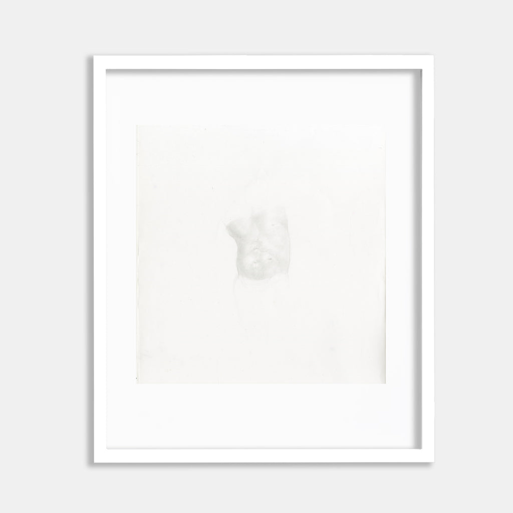 The artwork 'post chirurgiam cardiacam' by Darryl Smith features a delicate, ethereal composition created in 24-carat goldpoint on mineral paper. A subtle, ghostlike form emerges from the pristine white background, rendered with gentle, luminous strokes that create a soft, minimalist aesthetic. The 9x9 inch piece conveys a sense of fragility and healing through its barely-there presence.