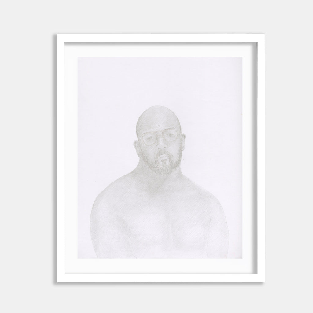 The artwork 'Sjalfelska/The Mountain' by Darryl Smith: Delicate silverpoint and copperpoint drawing on clay coat paper featuring ethereal, minimalist portrait rendered in subtle gray tones. The composition showcases masterful metalpoint technique creating soft, luminous qualities within a white frame, 17x14 inches.