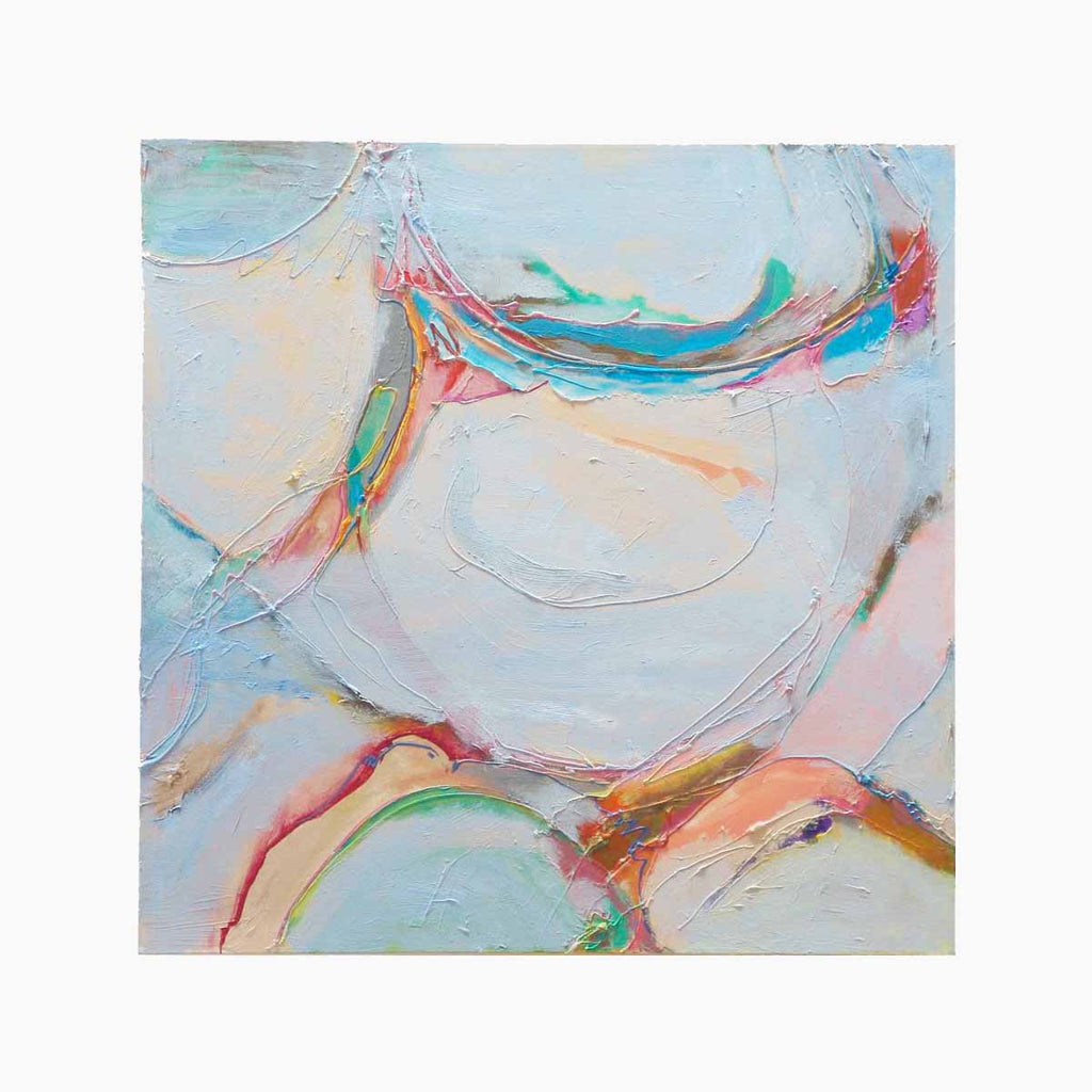 The artwork 'Dappled Sunlight' features sweeping curved brushstrokes in pastel blues, corals, and soft greens. Textured acrylic paint creates dynamic movement through impasto technique, with ethereal abstract forms flowing across a light-toned canvas. The 30x30 inch composition evokes a dreamy, atmospheric quality with its layered, translucent strokes by Beth Barry.