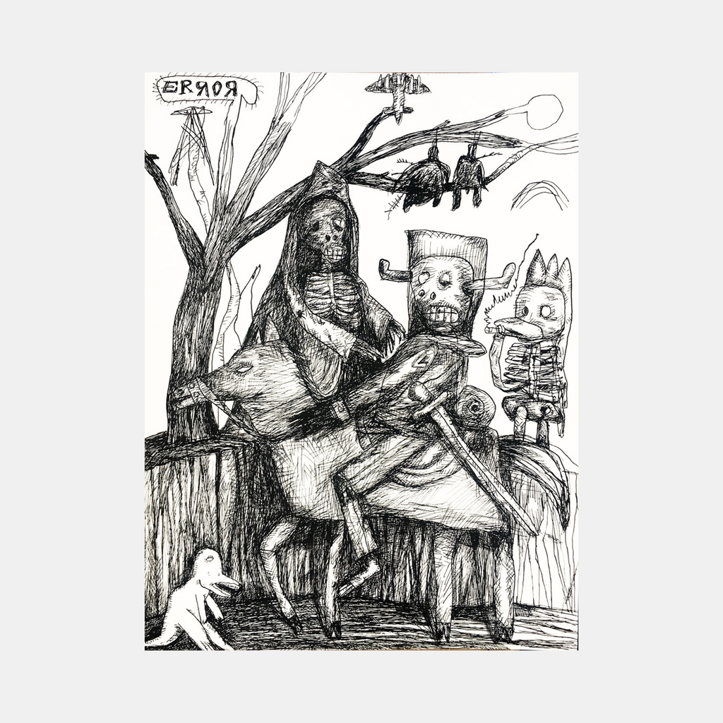 The artwork 'Dark Knight' by Andrew Chan features a haunting ink and watercolor illustration depicting mysterious figures in a surreal woodland scene. Bold black linework creates an eerie atmosphere with twisted trees, hanging forms, and whimsical characters rendered in a sketchy, expressive style. The 12x9 inch composition balances dark and light elements with intricate detail.
