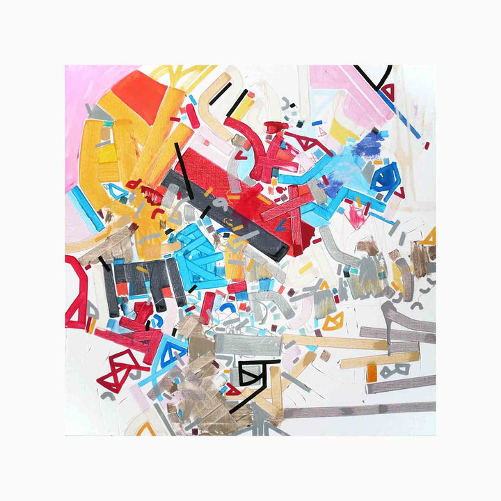The artwork 'Daveyy Moyraa' by Philippe Halaburda features dynamic abstract geometric shapes in vibrant red, yellow, turquoise, and pink against a white background. Angular fragments and bold lines create an explosive composition with layered elements, showcasing a combination of acrylic paint and felt tip marker techniques on canvas.