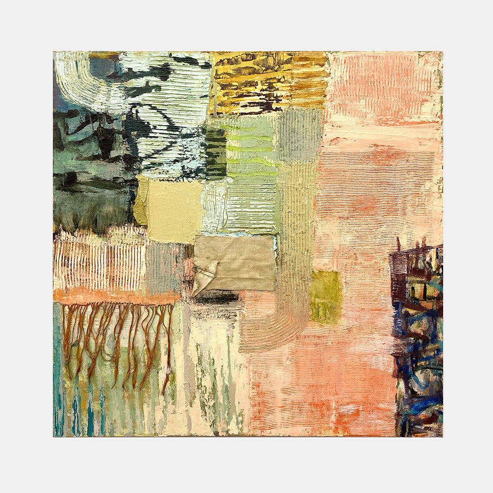 The artwork 'Day Memo' by Molly Herman features an abstract composition with textural collage elements and oil paint. Soft peach, mint green, and earthy browns create a harmonious patchwork of geometric shapes. Dripping effects and layered brushstrokes add depth, while distressed paper elements create visual interest. The 24x24 inch canvas showcases a modern, mixed-media approach by Molly Herman.