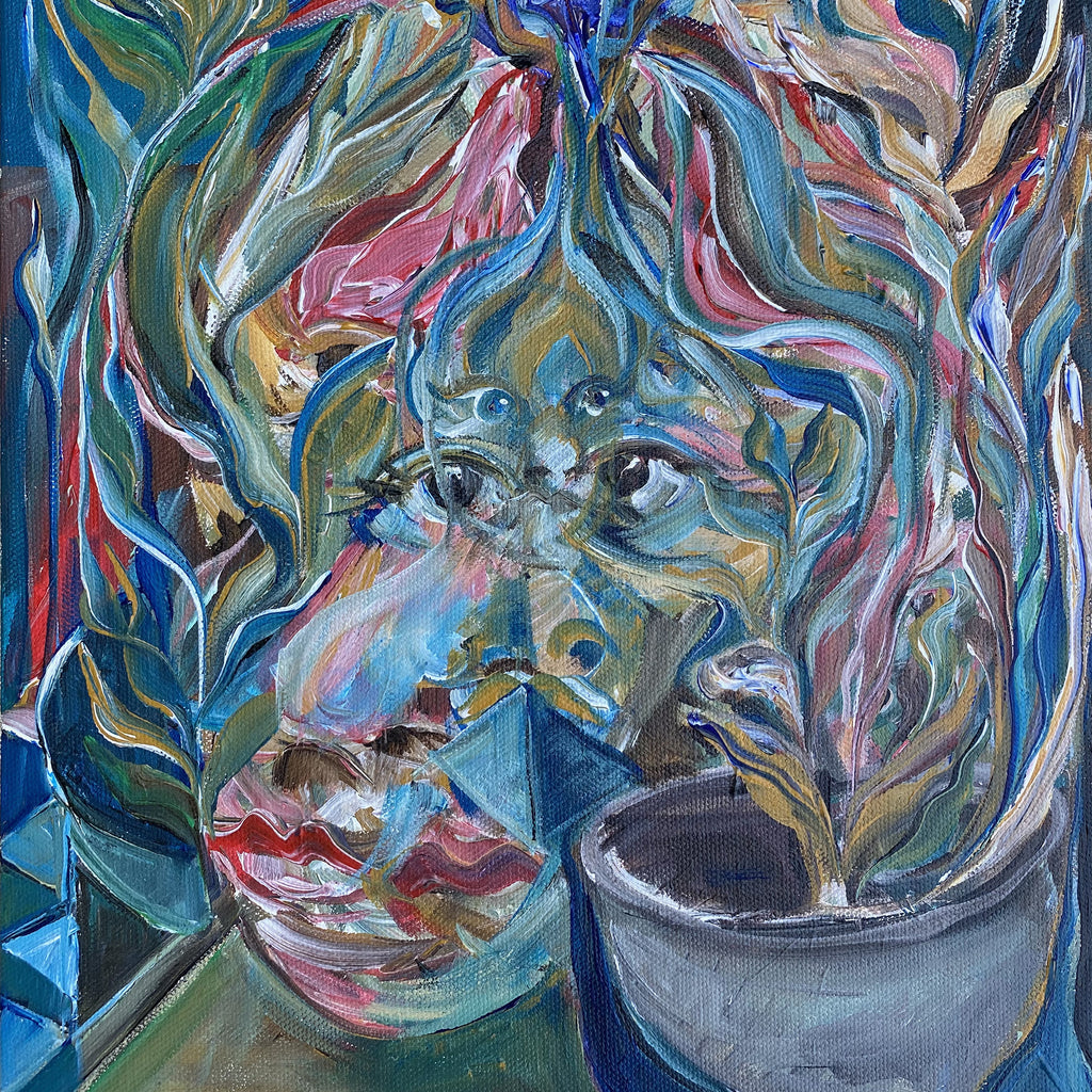 The artwork 'Daydream: Flower Garden' by Chancy Glance features an expressive abstract composition in vibrant acrylics, depicting swirling botanical forms in teal, pink, and blue tones. A potted plant merges with ethereal facial features in a dreamlike style on gallery wrapped canvas, creating a surreal garden atmosphere.