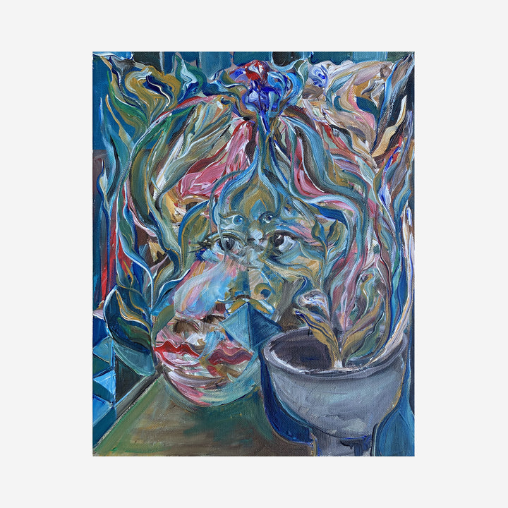 The artwork 'Daydream: Flower Garden' by Chancy Glance features an expressive abstract composition in vibrant acrylics, depicting swirling botanical forms in teal, pink, and blue tones. A potted plant merges with ethereal facial features in a dreamlike style on gallery wrapped canvas, creating a surreal garden atmosphere.