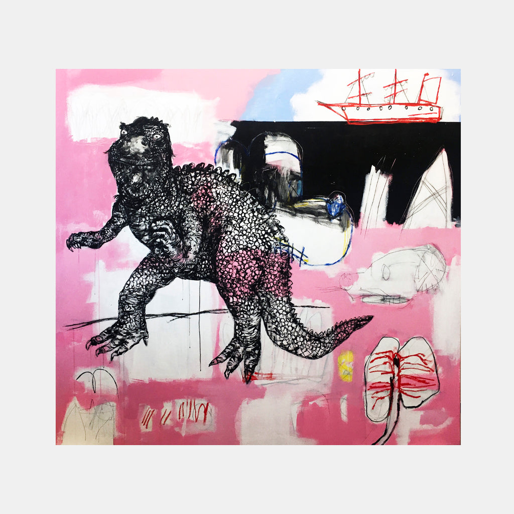 The artwork 'De-evolution' by Andrew Chan features a striking black dinosaur silhouette against a vibrant pink background. The mixed media canvas incorporates gestural brush strokes, a red sailing ship, and abstract elements including butterfly motifs. The composition blends urban contemporary style with prehistoric imagery, creating a dynamic contrast through textural details and bold color choices.