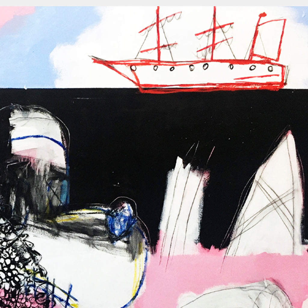 The artwork 'De-evolution' by Andrew Chan features a striking mixed media composition with a red sailing ship sketched against a pale blue sky at the top. Below, abstract forms in black, white, and pink create a dynamic contrast, with loose brushstrokes and gestural marks incorporating touches of blue and textural elements on canvas, measuring 54x66 inches.