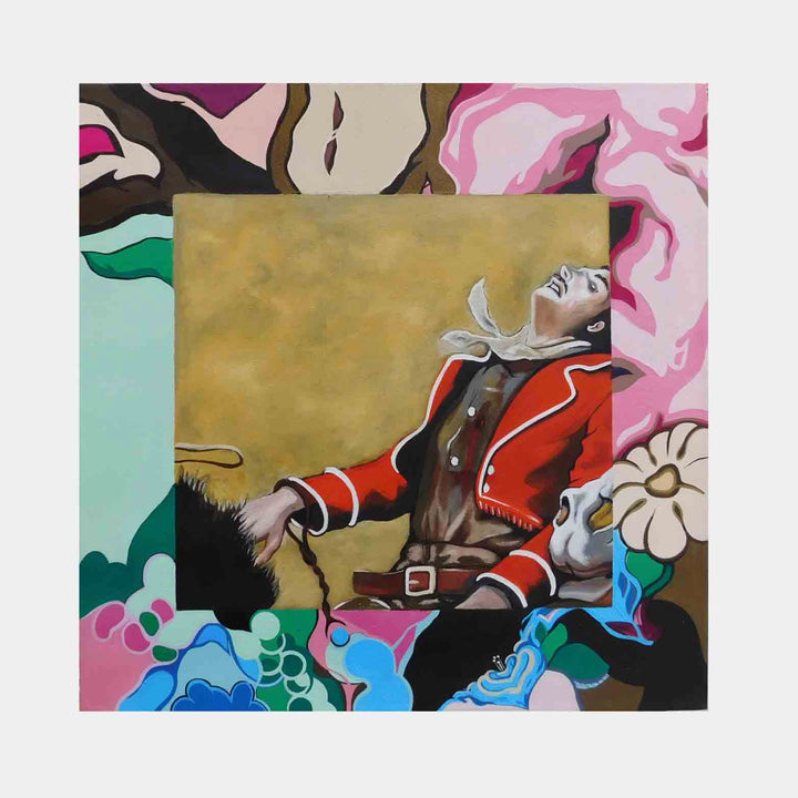The artwork 'Deadman' by Ellannah Sadkin features a dramatic figure in a red military-style jacket against a gold background, surrounded by swirling abstract patterns in pink, blue, and green. The composition combines pop art style with wild west imagery, rendered in acrylic on canvas with bold colors and flowing organic shapes.