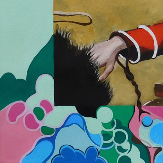 The artwork 'Deadman' by Ellannah Sadkin features a stylized hand in a red sleeve against a golden background, reaching into abstract bubble-like shapes in pink, blue, and green. The painting combines pop art and surrealist elements, with bold colors and curved forms creating a dynamic composition. Acrylic on canvas, 20x20 inches, by Ellannah Sadkin.