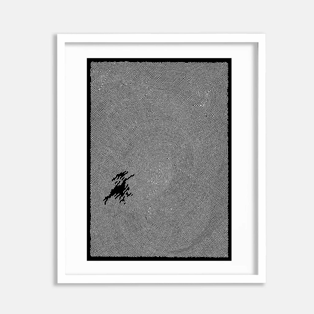 The artwork 'Deep Sensations' by Brittany Kieler features hypnotic concentric patterns in black lithographic ink on white cotton rag paper. A small irregular dark shape disrupts the mesmerizing circular lines, creating dynamic tension. The minimalist composition is displayed in a clean white frame, measuring 16x13 inches.